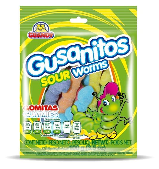 GUANDY - Sour Candy Worms, Fruit Flavors, 100g each (Pack of 3)